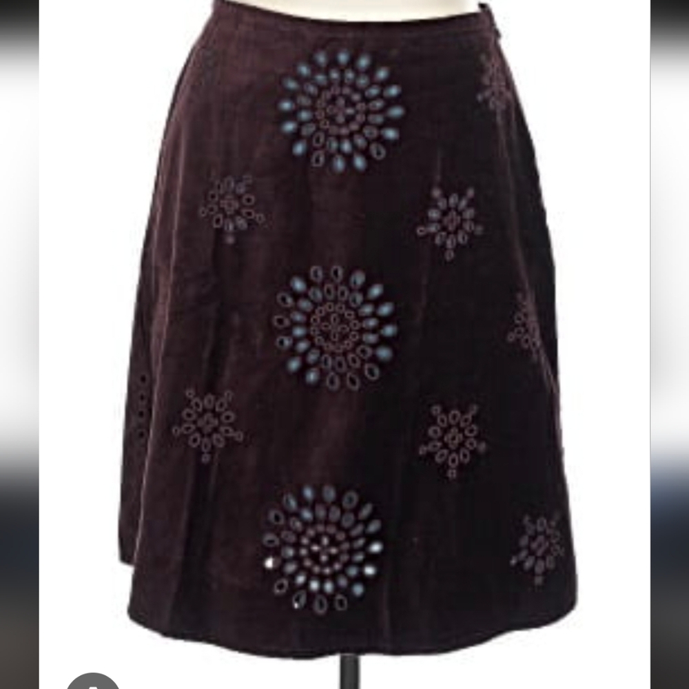 Boden Dark Brown A-Line Skirt with Blue Embroidery